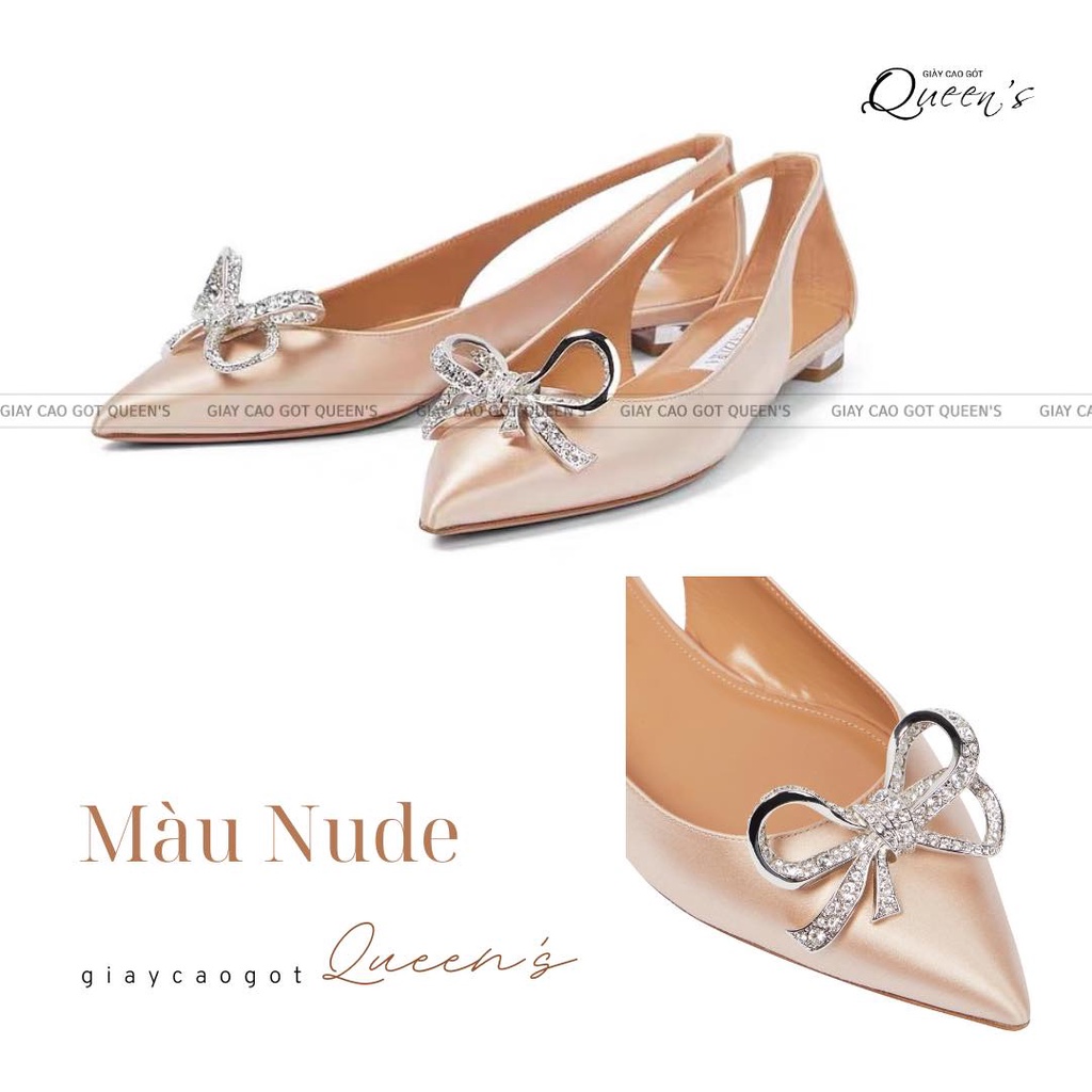 Giày Búp Bê Màu Nude, Màu Đen Chất Lụa Satin Đính Nơ Đá Cao Cấp Cho Nữ Dạo Phố, Giày Bệt Bale Nữ Đẹp Công Sở Cao Cấp