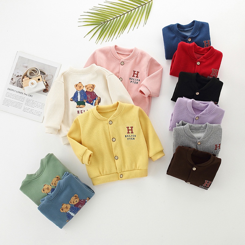 SUPER KIDS Áo Khoác sweater Dệt Kim Cổ Tròn In Hình Gấu Dễ Thương Thời Trang Xuân Thu Cho Bé