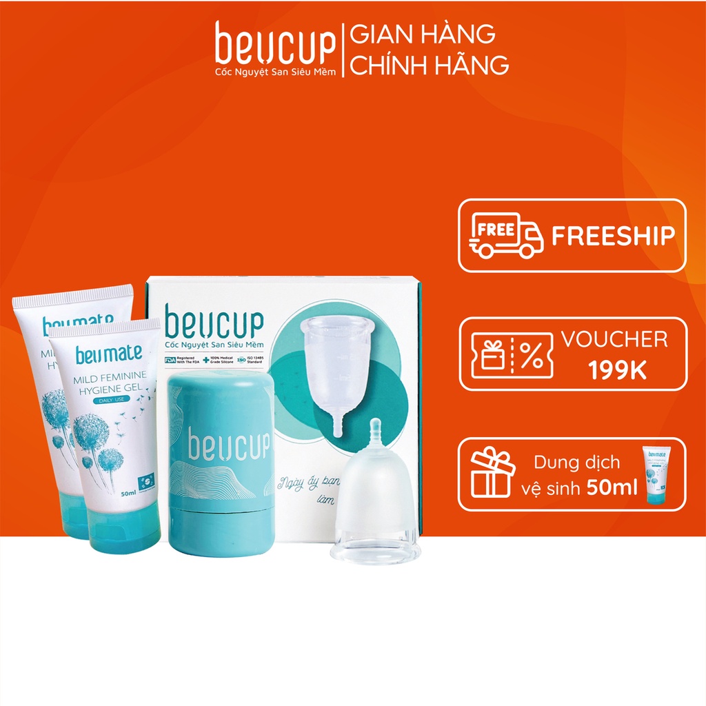Combo 1 Bộ Cốc Nguyệt San BeUcup Silicol Siêu mềm và 1 Dung Dịch Vệ Sinh CNS Beumate