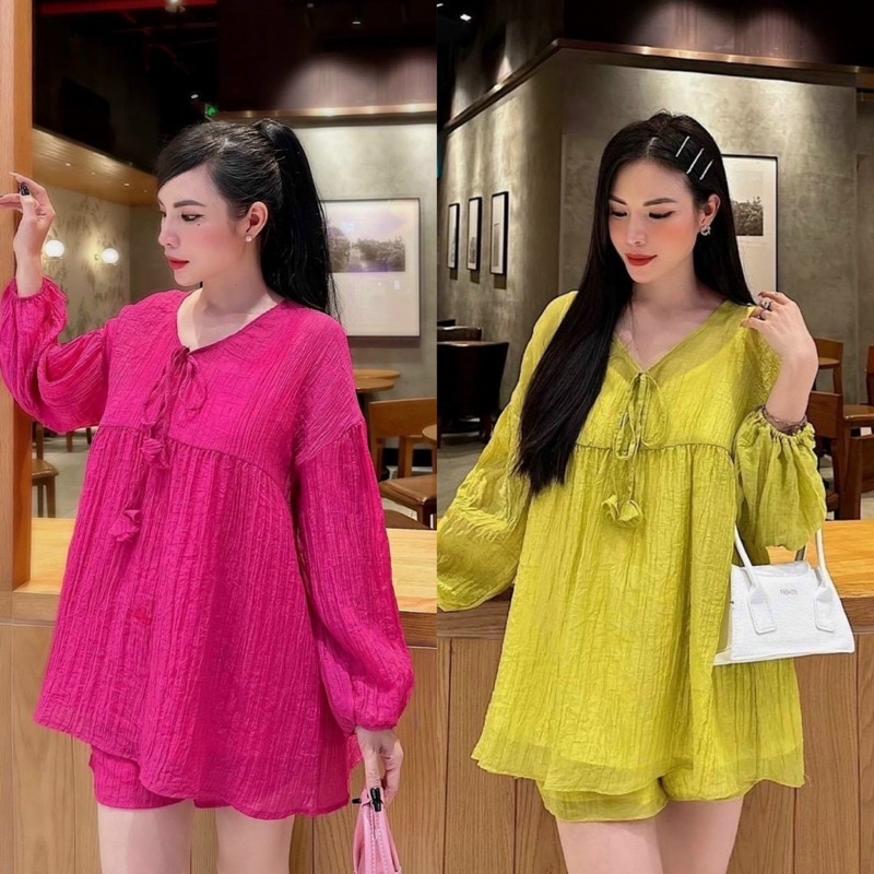 Set Bộ Babidoll Tay Phồng Kèm Quần Short Màu Hottreen