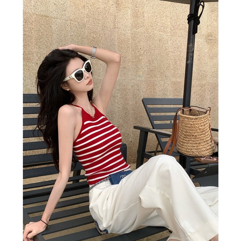 Áo Hai Dây Dệt Kim Dáng Ngắn Hở Lưng Gợi Cảm Cho Nữ