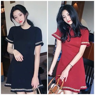 Đầm cổ tròn basic viền thổ cẩm 2 màu xuongvnxk