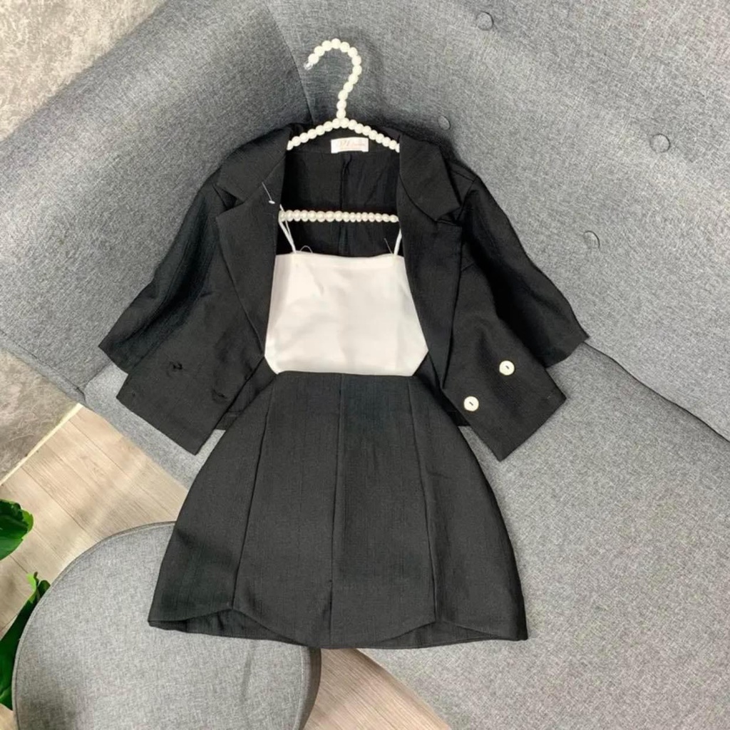 Set bộ đồ nữ 3 món vest croptop xinh xắn kèm lót mix chân váy chữ A dành cho các nàng diện đi chơi, đi tiệc siêu xinh