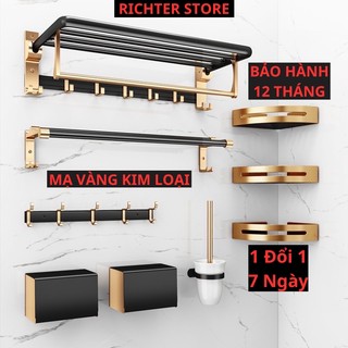 Phụ kiện nhà tắm dán tường Richter vàng đen gấp gọn 90 độ tiết kiệm không gian, giá treo khăn tắm khô - khăn ướt riêng