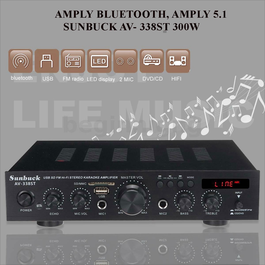 Amply Karaoke Gia Re, , Amply công suất lớn Sunbuck AV-338ST 300W, 5 kênh, kết nối bluetooth, hỗ trợ 2 micro, đầu vào AU
