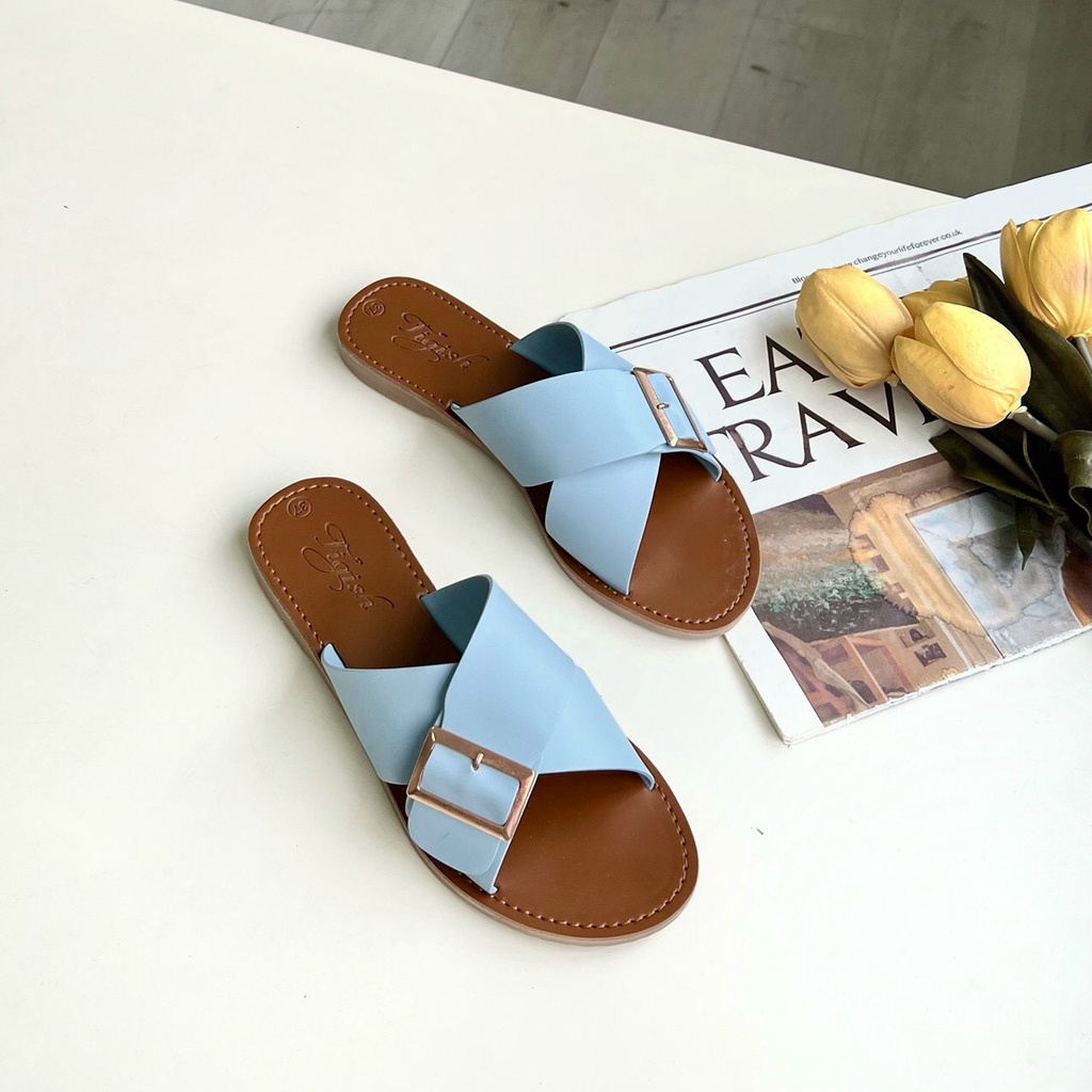 Dép Lê nữ quai chéo chất liệu da nhiều màu, đế TPR dẻo chống trơn trượt