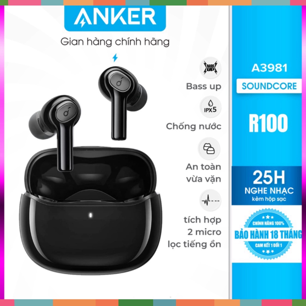 Tai nghe bluetooth SOUNDCORE (by ANKER) R100 True Wireless, 25 giờ nghe nhạc, chống nước IPX5, tích hợp 2 mic - A3981 -