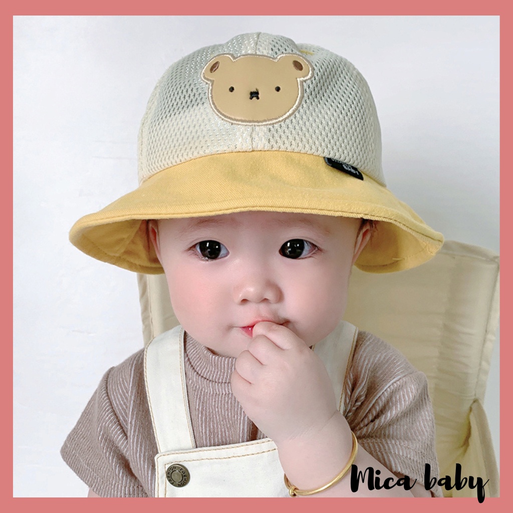 Mũ tai bèo trẻ em, mũ lưới thoáng thêu hình gấu đáng yêu cho bé MH239 Mica baby