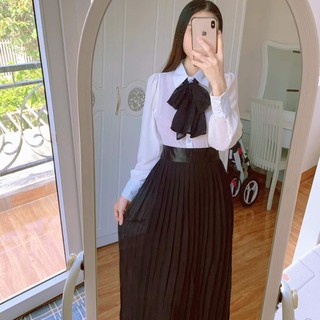 Set áo sơ mi trắng, chân váy dài ❤️FREESHIP❤️ áo kiểu nữ chân váy xếp ly HTV01