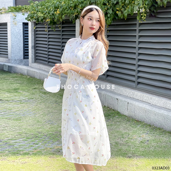 Đầm voan hoa midi cổ trụ chiết eo 2 lớp màu trắng THOCA HOUSE sang trọng, thanh lịch mặc đi tiệc, đi chơi