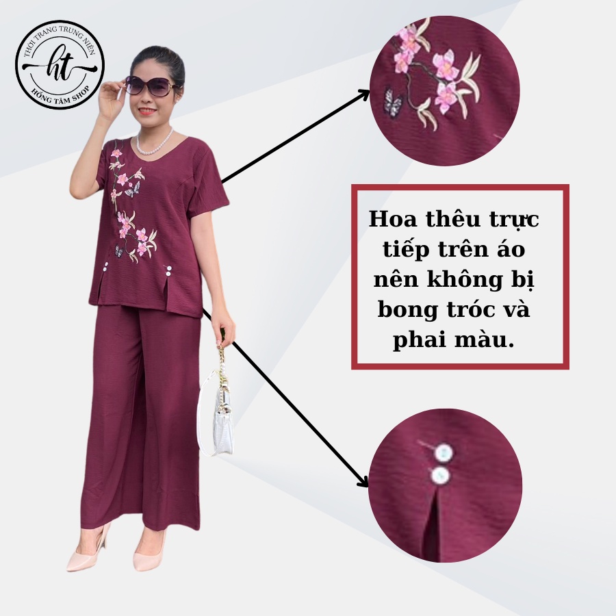 Đồ bộ cho mẹ mặc nhà trung niên, bộ đũi trung niên nữ thêu hoa, quần dài ống rộng cao cấp. CĐ