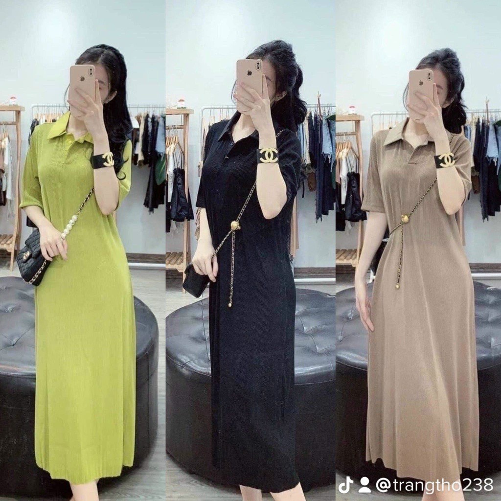 Váy Bầu Thu Đông Dáng Dài, Đầm Bầu Mùa Hè Cổ Sơ Mi Công Sở Lịch Sự Chất Tăm Dày Dặn