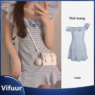 Đầm nữ kẻ sọc màu xanh dương lệch vai xinh xắn