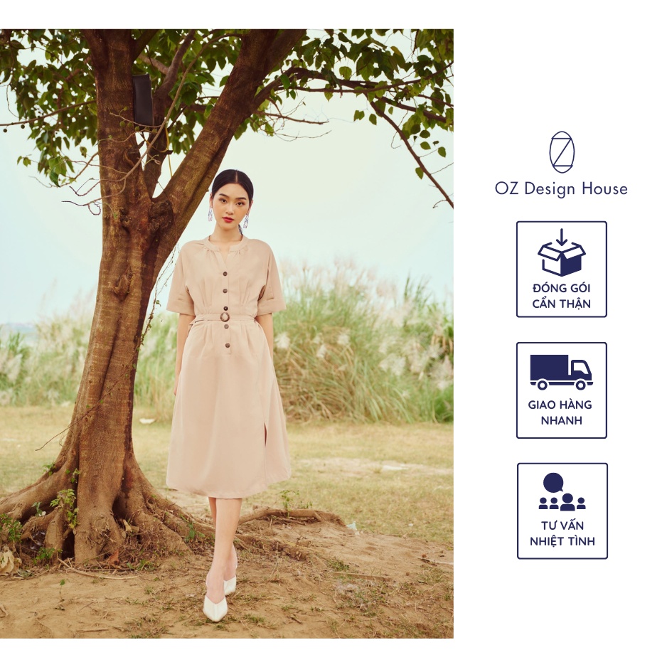 Đầm nữ OZ Design House DA17147AUT23 thô chun cổ tầu cổ tròn chiết eo màu be
