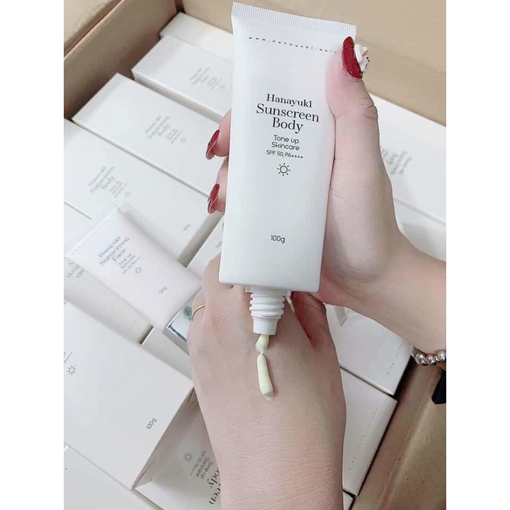 Kem Chống Nắng Hanayuki Sunscreen Body Nâng Tông Dưỡng Trắng SPF 50+/PA++++ ( Hanayuki Chính Hãng 100g )