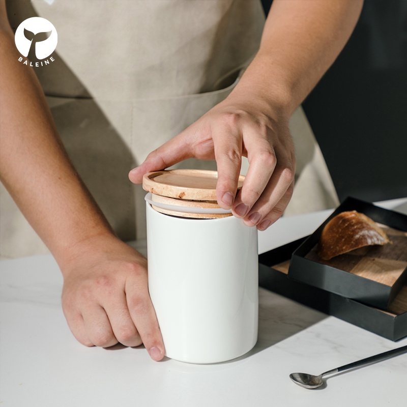 BALEINE 1 Cái Bình Lưu Trữ Thực Phẩm Gốm Với Đệm Kín Khí Nắp Bằng Gỗ Stackable Hộp Đựng Nhà Bếp Container Cho Hạt Cà Phê Nuts
