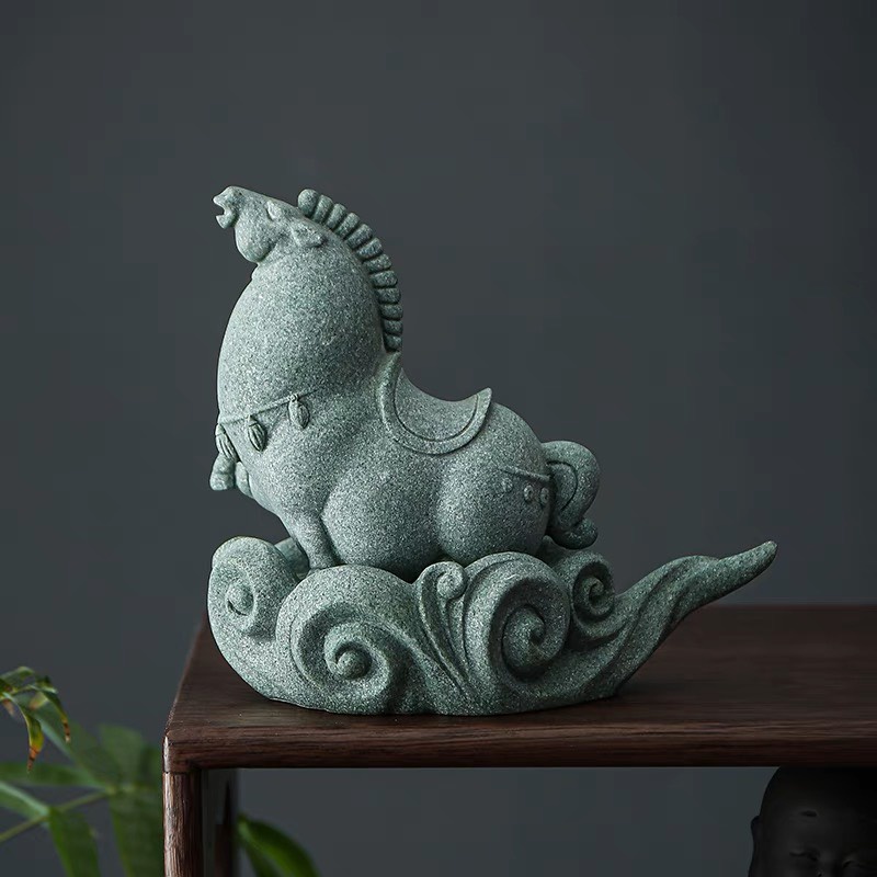 Tượng LỘC MÃ Đá Sa Thạch Xanh trang trí bàn làm việc, bàn trà, quà tặng ý nghĩa,... Tượng phong thủy Bảo Mã Đá Sa Thạch