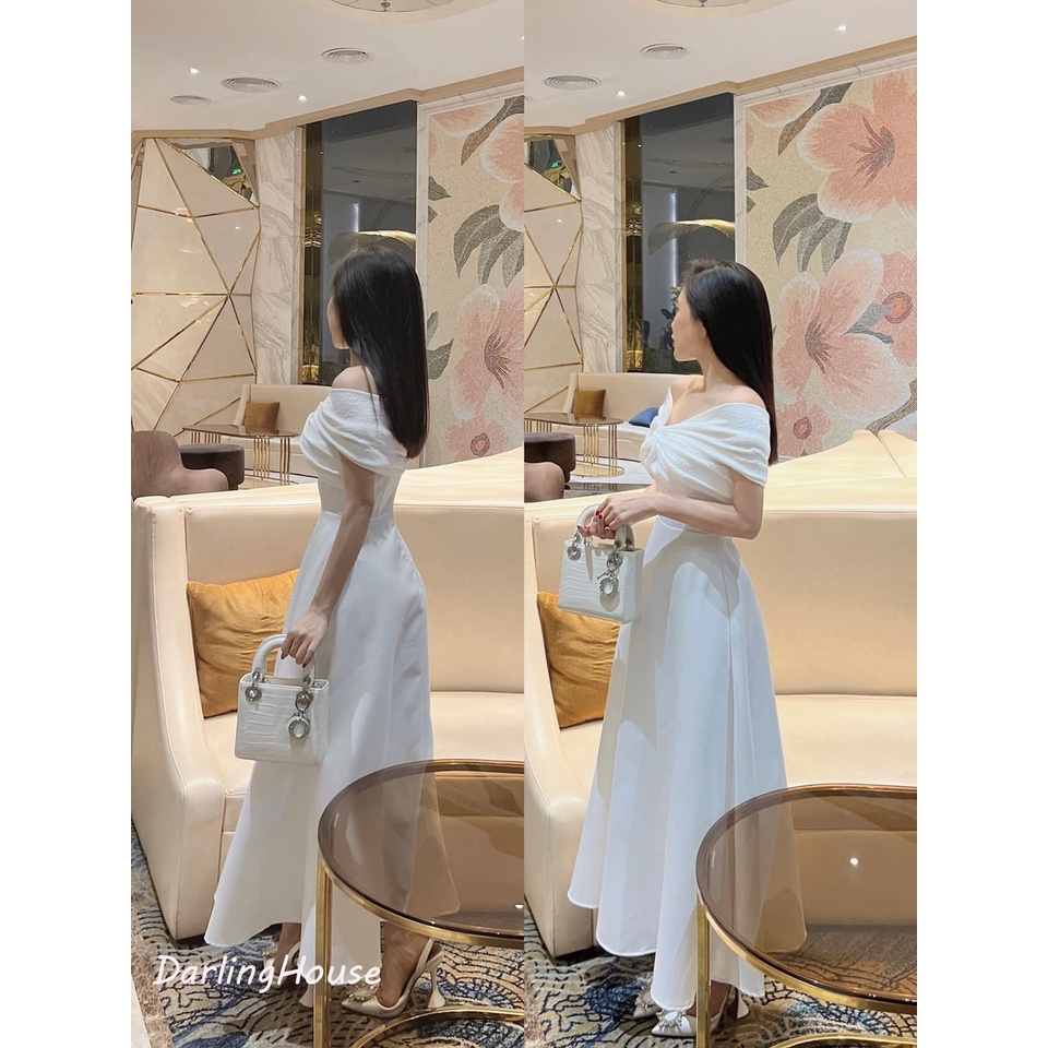 Váy trễ vai dáng dài vắt nơ ngực, Đầm midi nữ trễ vai xoè rộng chất chéo hàn. Đầm váy nữ trắng nơ xốp trễ vai xoè dài