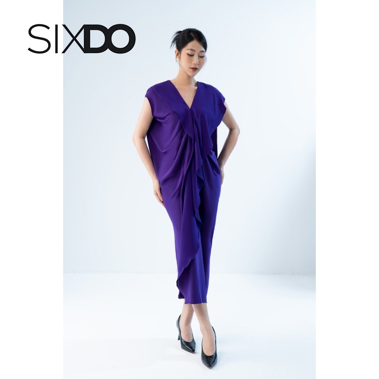 Đầm lụa tím midi cổ V thời trang SIXDO