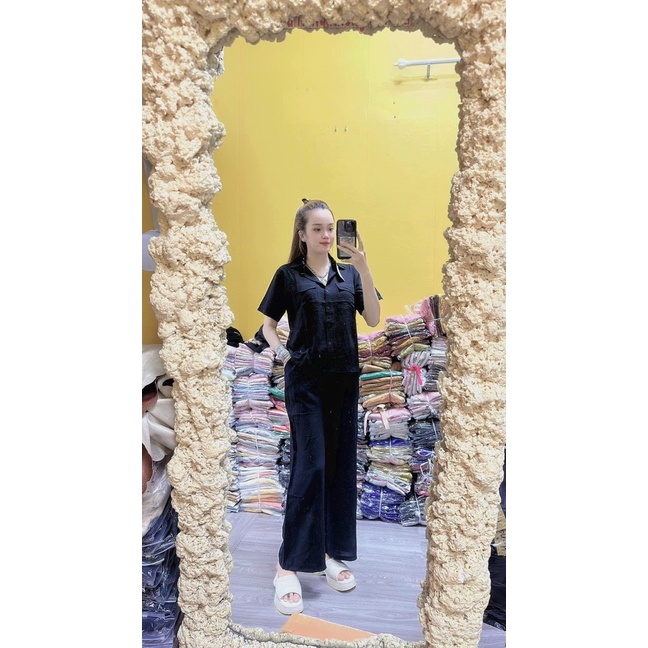 [4.4 Sales Freeship] Set bộ đồ nữ chất đũi xước áo cổ sơ mi có túi phối quần suông mặc thoải mái, năng động mtb