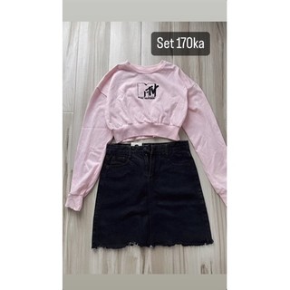 Set cvay Jean + áo crop nỉ