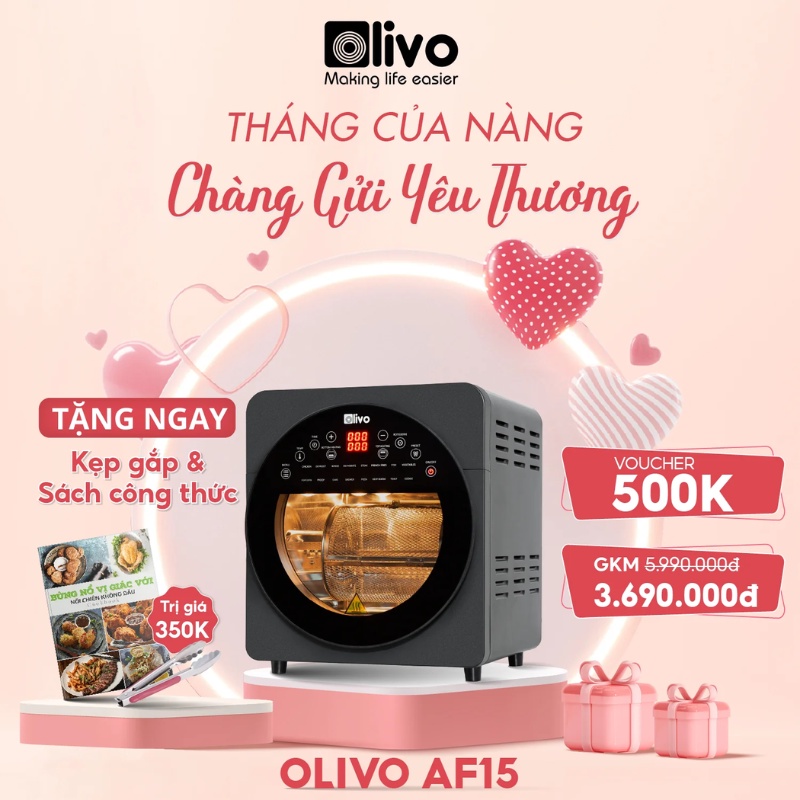 Nồi Chiên Không Dầu OLIVO AF15 - 16 Chức Năng - Dung Tích 15L - Hàng Chính Hãng- Tặng Kẹp Inox
