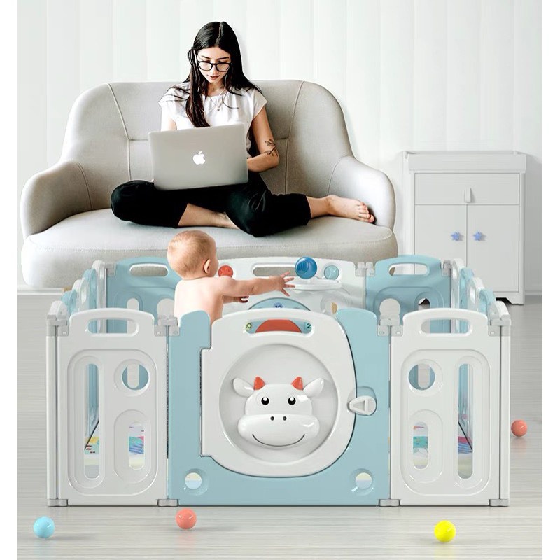 [Tặng Thảm + 50 banh + Sọt Bóng] Quây Nhựa KIDSWOW Hàn Quốc Hoạ Tiết Chú Bò Đáng Yêu