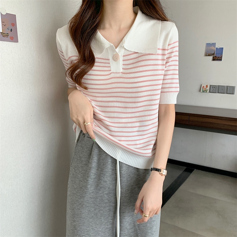 Áo Thun Dệt Kim Tay Ngắn Dáng Ôm Họa Tiết Kẻ Sọc Thời Trang Hàn Quốc Cho Nữ