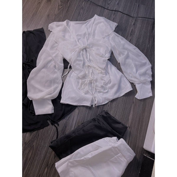 Set Bộ Áo Sơ Mi Tơ Rũ Bèo Kèm Quần Short Tapta Hình thật Cuối