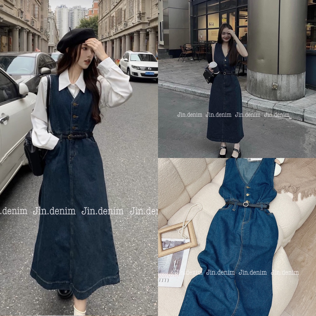 Váy yếm đầm bò jean denim dáng dài xuông,yếm khoét nách cúc ngực kèm belt thiết kế cao cấp vintage sang chảnh 005