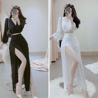Sét áo croptop tay dài  và chân váy nữ áo tay dài chéo ngực phối chân váy dài xẻ tà sang chảnh YADO - T702