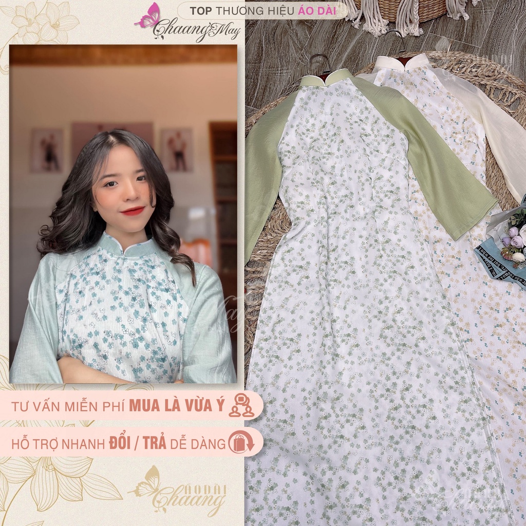 Áo dài hoa nhí xanh bơ kem Matcha 4 tà truyền thống Chaang may sẵn lụa tơ cốm xinh dự tiệc chụp cưới lễ tết đẹp ADC702