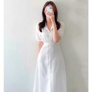 Đầm sơ mi basic tay bo cột eo màu trắng mint xanh biển