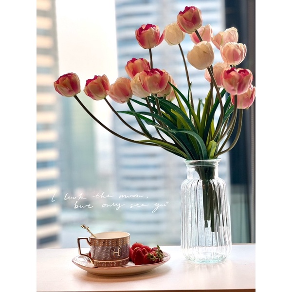 Hoa tulip cành kép 3 bông, hoa lụa giả, trang trí nhà cửa