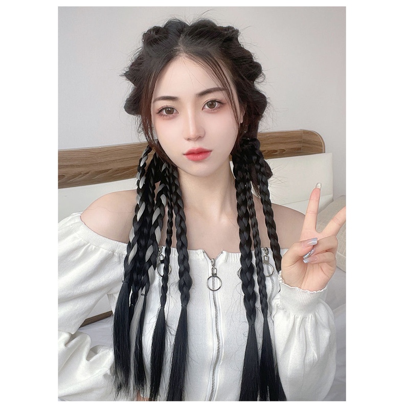 Giá 2 bên, Tóc Giả Thắt Bím Dây Buộc Tóc Tết Cá Tính kèm Light