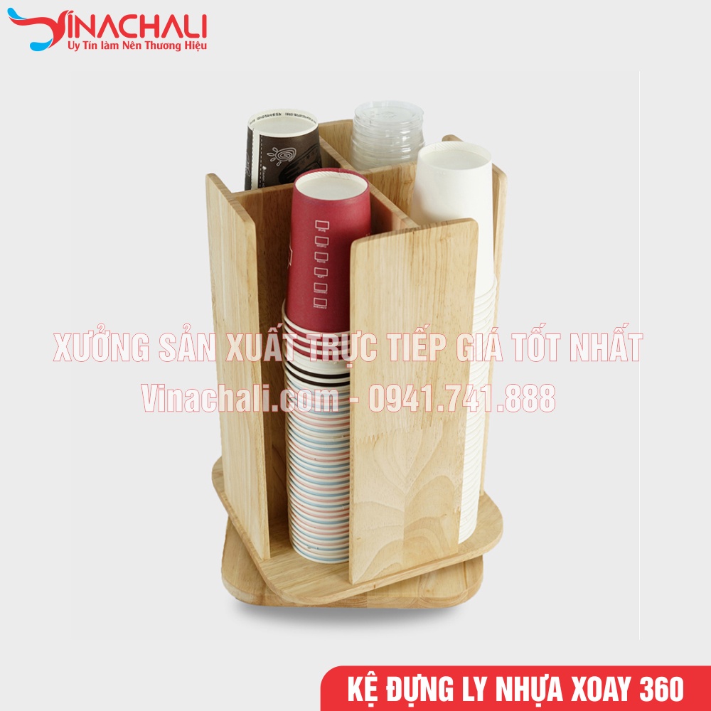 Khay Đựng Ly, Kệ Đựng Ly Nhựa, Cốc Giấy Trà Sữa Xoay 360 Độ - Gỗ Tự Nhiên Cao Cấp