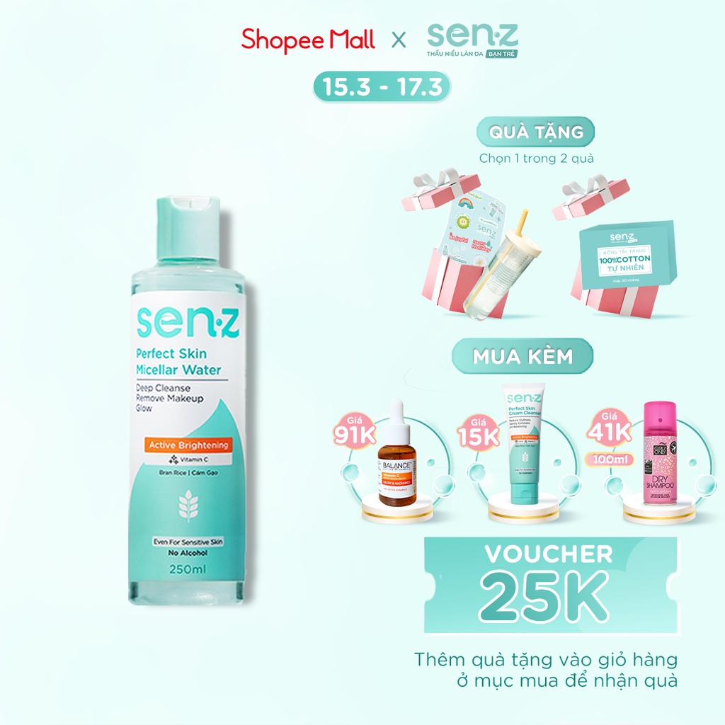 Nước Tẩy Trang Micellar Water Cám Gạo Sáng Da SenZ Perfect Skin Cho Mọi Loại Da 250ML