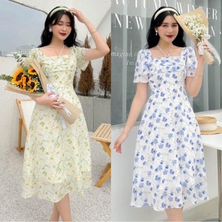 Váy hoa đi biển, đi tiệc, đi chơi, chất voan tơ mềm mại 2 lớp tk chính hãng_Deloga