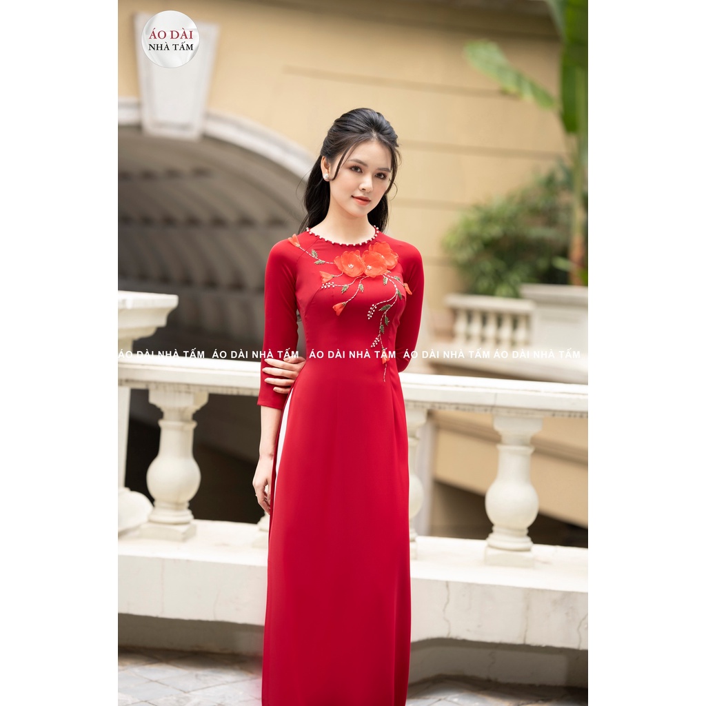 C25- ÁO DÀI CỔ TRÒN MÀU ĐỎ ĐÔ ĐÍNH HOA, ÁO DÀI NHÀ TẤM