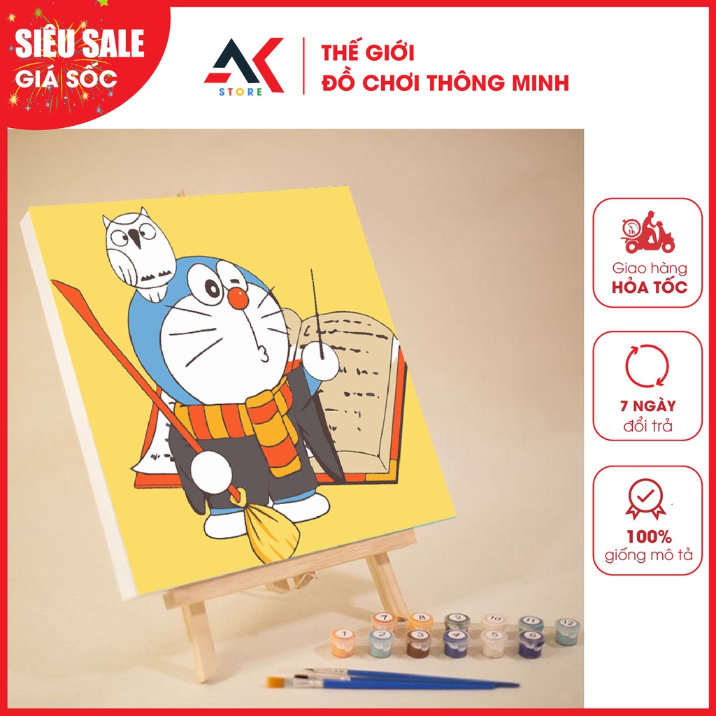 Tranh Sơn Dầu Số Hóa Doraemon Size 20x20cm Căng Khung Sẵn Kèm Cọ Vẽ Và Màu