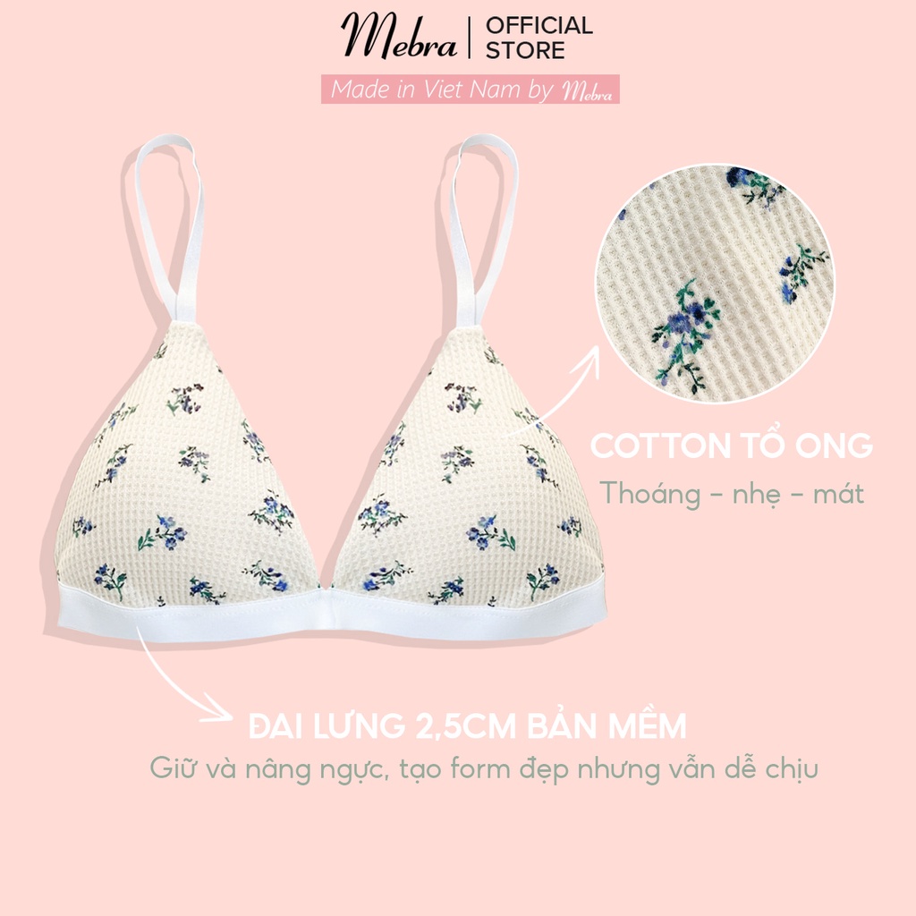 Set bikini đồ lót nữ màu be sáng hoa nhí cotton tổ ong bra không gọng mút mỏng quần tam giác đai to cá tính Mebra A064