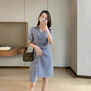 Váy đầm kẻ xanh tay bồng - váy công sở vải đẹp - đầm sơmi