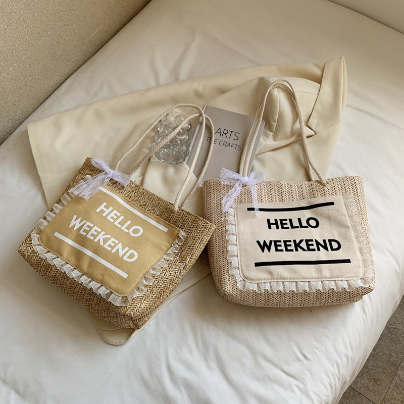 Túi cói Hello Weekend phối nơ ren trắng đeo vai mẫu mới 2023