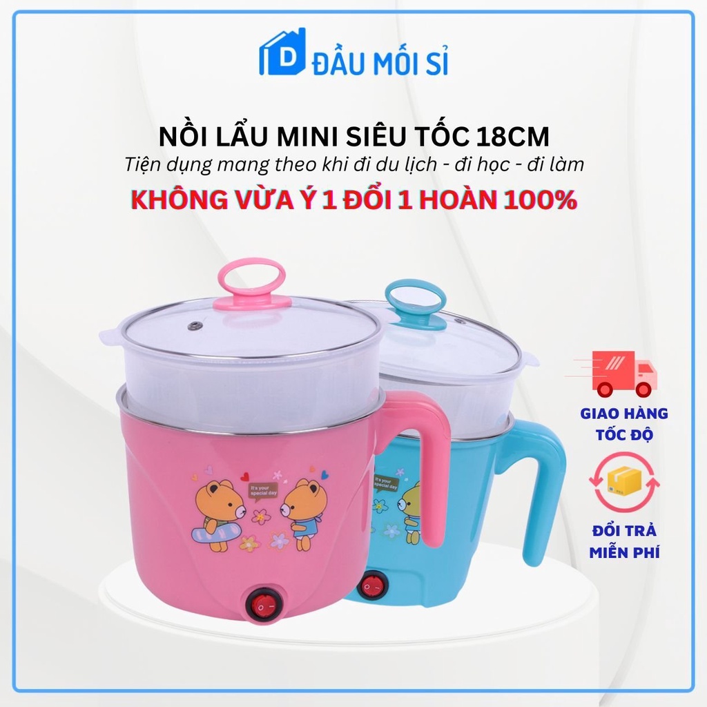Nồi lẩu điện mini ca nấu mì 2 tầng đa năng siêu tốc dành cho sinh viên văn phòng gia đình siêu tiện lợi 18cm