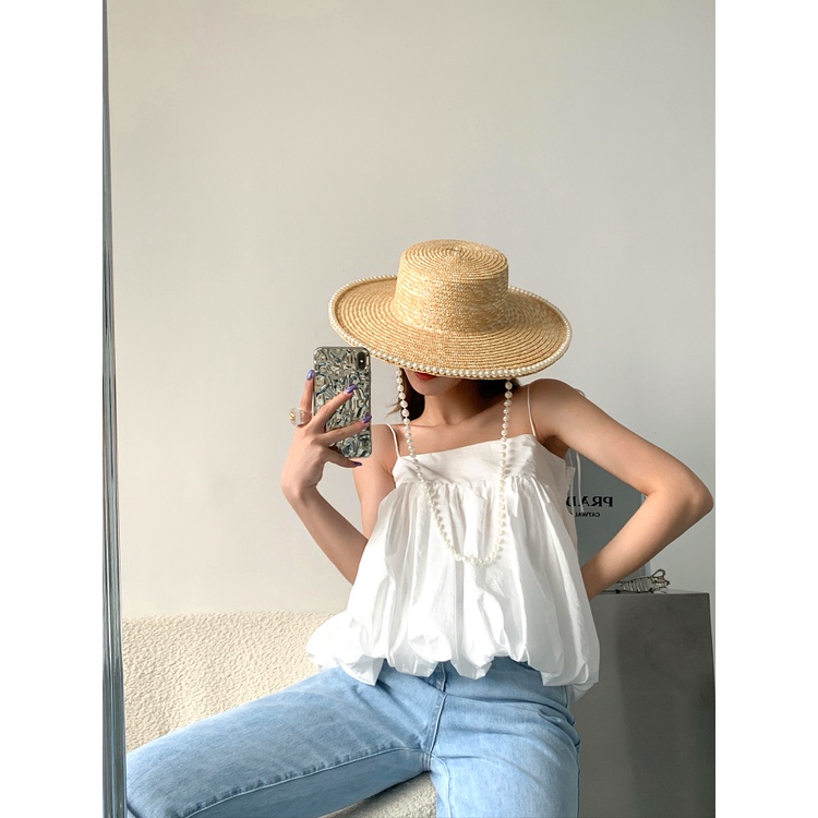 Nón Cói Rộng Vành Phối Chuỗi Hạt Phong Cách Pháp Thời Trang Đi Biển Mới Cho Nữ