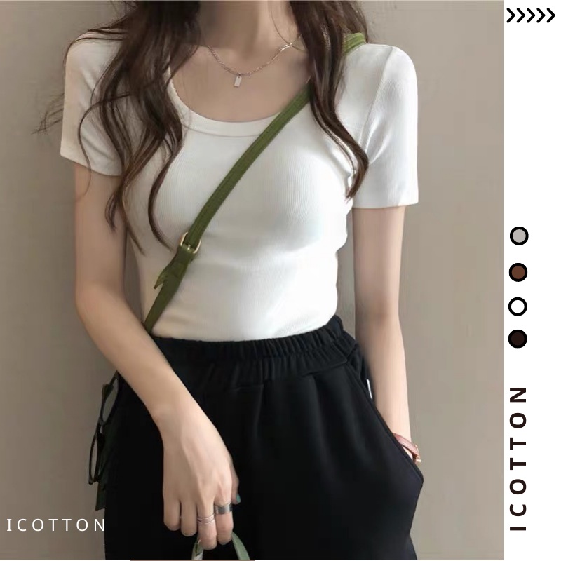 Áo Thun Nữ ICOTTON phom ôm dáng cổ tròn có tay chất vải cotton dày dặn Mã A04