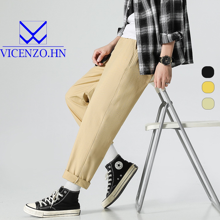 Quần Baggy Kaki Nam Cao Cấp VICENZO Cạp Chun Dáng Đứng Ống Xuông Phong Cách Hàn Quốc