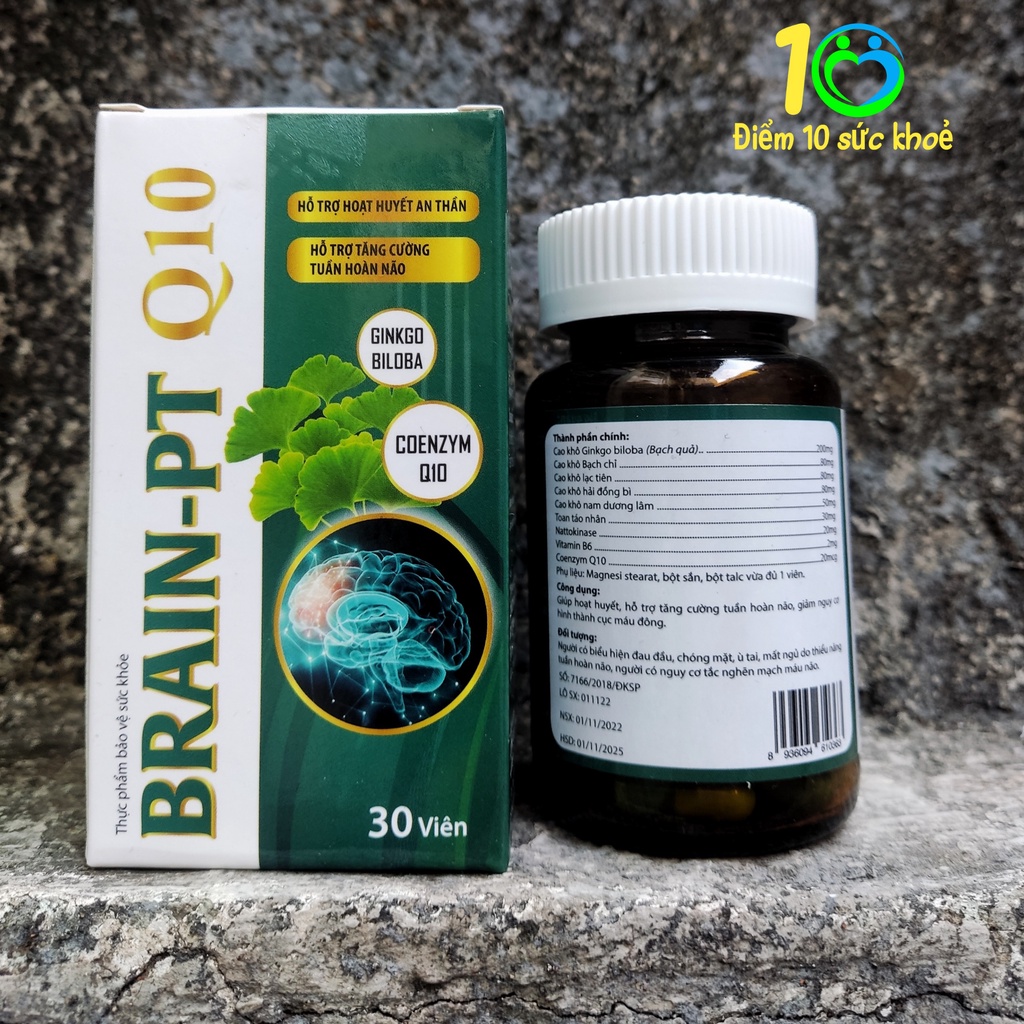 Viên uống bổ não BRAIN-PT Q10 tăng cường trí nhớ, giảm đau đầu, lưu thông máu não - 30 viên