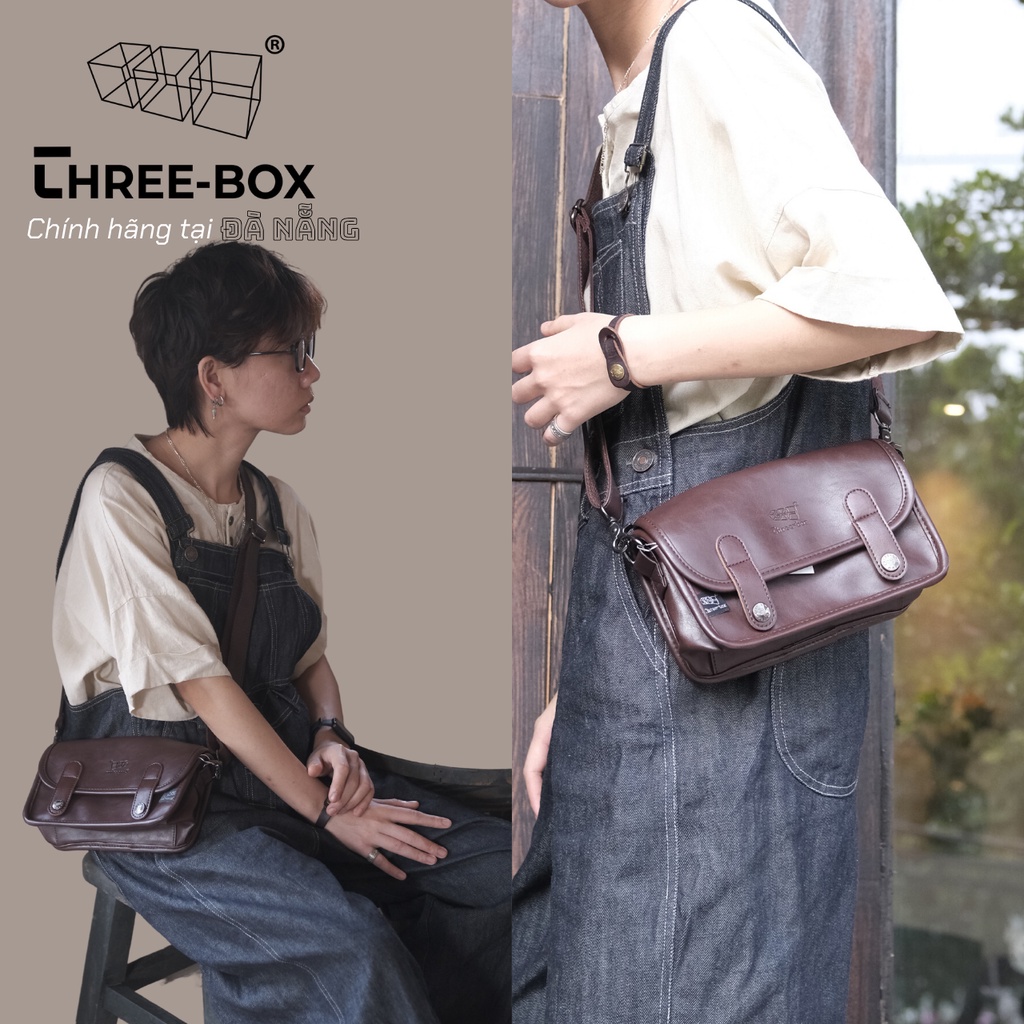 ThreeBox Túi đeo chéo da Unisex nam nữ thời trang chính hãng