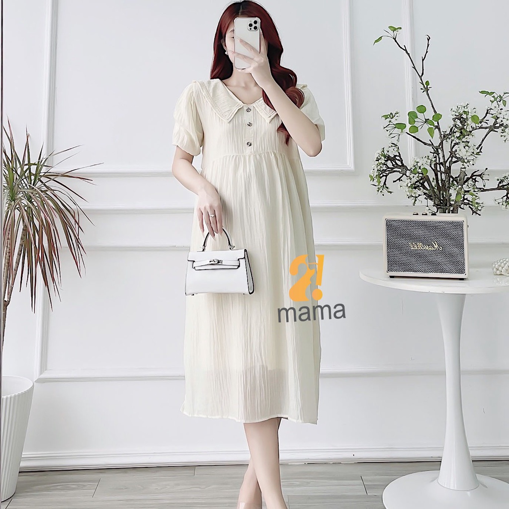 Đầm bầu công sở 2mama chất voan 2 lớp thoáng mát, dáng suông thiết kế cổ thêu hoa V401